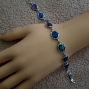 Multicolor Oval Stone Link Bracelet Silver Tone Adjustable